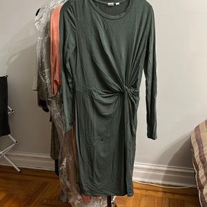 Green knee length dress long sleeve twist side modest